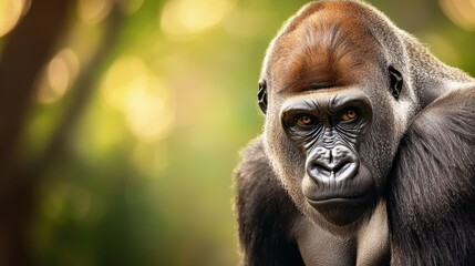Obraz premium A close-up of a gorilla's intense gaze, showing its powerful expression and impressive features, with soft light filtering through the trees, with copy space.