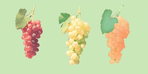 Vibrant 3D Grapes Red, Green, and Purple Bunches on Colorful Background