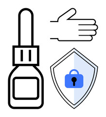 Hand sanitizer, hand gesture, and shield with lock emphasize hygiene, protection, security. Ideal for health safety, personal care, virus prevention, sanitation public health security hygiene