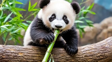 Obraz premium A curious baby panda sitting on a log, playfully chewing on bamboo with its large, innocent eyes.