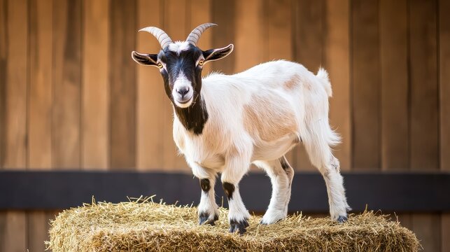 A curious goat standing on a hay bale inside a petting zoo, its playful nature on display, with copy space.
