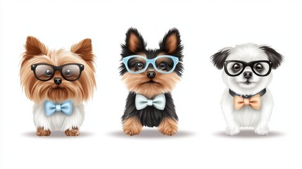 Fototapeta premium A cute dog clipart set with a Yorkshire terrier, Shih Tzu, and pomeranian, each with fun accessories like glasses, bowties, and collars, perfect for dog boutique branding, with copy space.