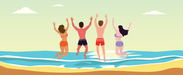 summer beach concept, diversity friends jumping in the air with happy, travel holiday vacation , wide banner, cartoon vector