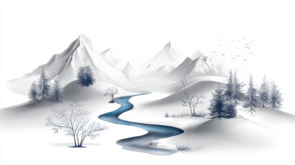 A digital sketch of a mountain landscape with trees and rivers, ideal for travel brochures and posters.