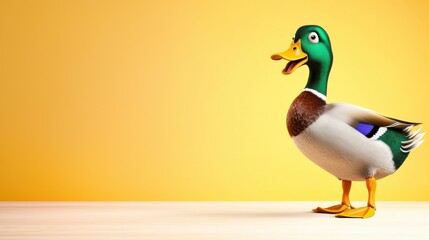 Obraz premium A duck standing on one leg with an exaggerated confused look, cartoonish and humorous, with copy space.