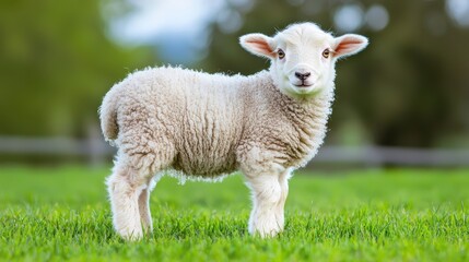 Fototapeta premium A fluffy lamb standing in a green pasture, its big, round eyes and soft wool making it the epitome of cuteness.