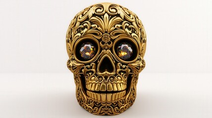 A hyper-realistic golden sugar skull adorned with intricate carvings and dazzling gemstone eyes. Rich textures and ornate detail create a luxurious Día de los Muertos centerpiece.
