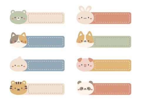 Set of cute animal name labels in modern muted pastel colors.