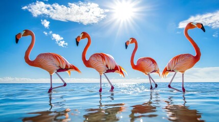Fototapeta premium Beautiful African Flamingos in Pink Plumage Walking Along Blue Lagoon Under Clear Sky on Sunny Day