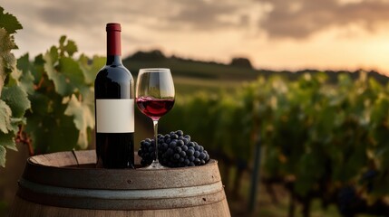 Fototapeta premium Elegant Wine Bottle and Glass Resting on Rustic Barrel in Warm Light