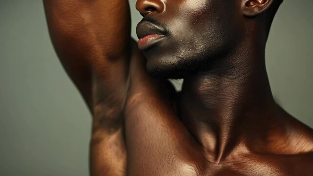 Detailed close-up of a male model&rsquo;s torso and face, highlighting skin texture, defined muscles, and natural beauty in soft lighting.