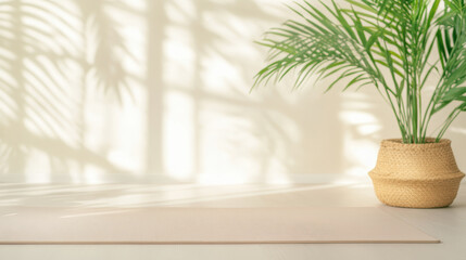 Fototapeta premium Sunlit minimalist interior with potted palm creating serene and natural ambiance