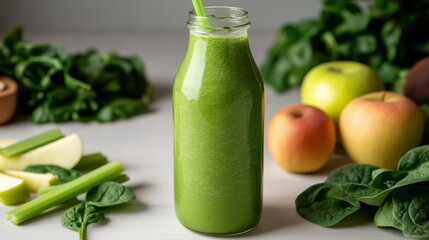 Refreshing Green Smoothie in Glass with Straw Surrounded by Healthy Fruits