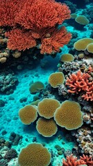 Fototapeta premium Underwater coral reef ecosystem with vibrant red and yellow corals in clear blue ocean. Marine biodiversity and aquatic wildlife scenery