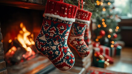 Christmas Stockings Hanging Fireplace Cozy Holiday Decorations Warm Festive Magic Photo