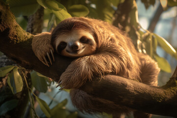 Fototapeta premium A sleepy sloth hanging from a tree branch
