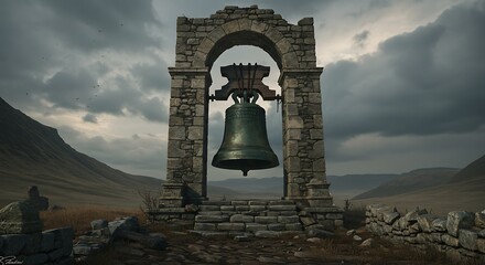 Obraz premium Old Stone Bell Tower with Hanging Bell in Mountainous Landscape