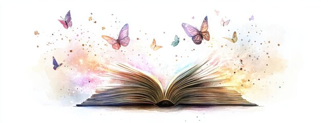 Watercolor illustration of an ancient book opening a doorway to another realm Generative AI