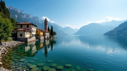 Obraz premium A high-quality photo of Lake Orta in Italy, Europe during mid-day, with clear skies and bright sunlight. A panoramic perspective captures the tranquil lake and surrounding hills.