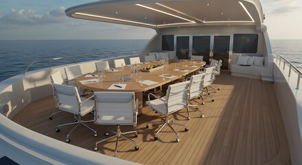 Luxury yacht meeting room deck modern design ocean view sea sun boat wood ship calm blue water table
