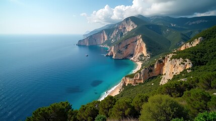 Obraz premium A detailed photo of Gargano National Park, Italy, on a humid mid-day, captured from above, highlighting the green forests and hilly terrain of this natural park.