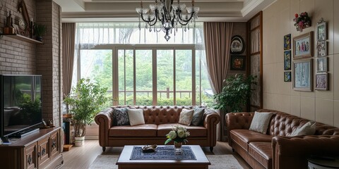 Obraz premium A warm living room displaying comfortable furniture and a view