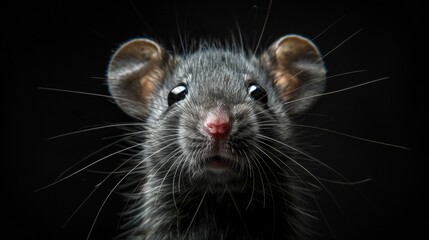 A black and white photo of a mouse with its eyes open and looking at the camera