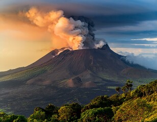 Obraz premium The majestic Mount Karthala volcano, with smoke rising from its crater and surrounding lush volcanic landscape. Generated image