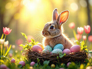 A fluffy bunny rests in a nest filled with colorful Easter eggs, surrounded by blooming tulips in a sunlit meadow. A serene springtime scene.
