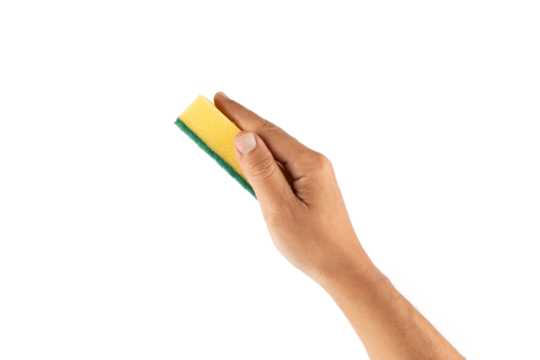 Male hand holding a yellow cleaning sponge isolated no background