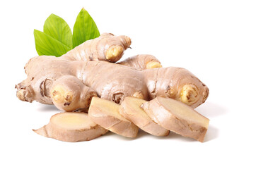 fresh ginger slices with green leaves. isolated on white background.