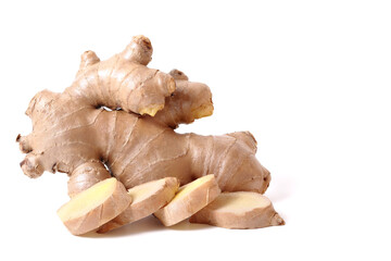 Fresh Ginger Slices and Fresh Ginger. isolated on a white background.