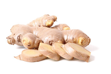 Fresh Ginger Slices and Fresh Ginger. isolated on a white background.