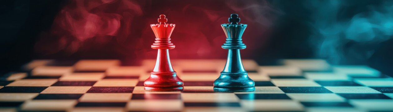 A dramatic chess battle between red and blue kings on a smoky board.