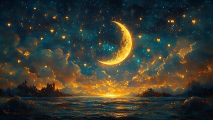 Crescent Moon and Lanterns Reflecting on Twilight Ocean