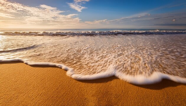 Soft, gentle wave washing over golden sand, leaving delicate, intricate patterns as it retreats; warm sunlight, soft shadows, subtle foam textures, serene beach vibe.