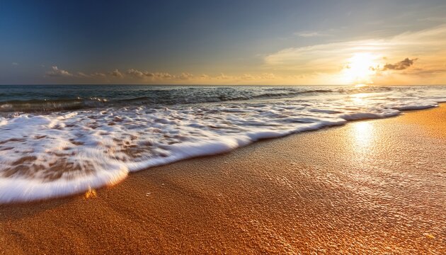 Soft, gentle wave washing over golden sand, leaving delicate, intricate patterns as it retreats; warm sunlight, soft shadows, subtle foam textures, serene beach vibe.