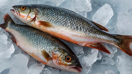 Fototapeta premium Fresh Fish on Ice: Two raw, fresh fish rest on a bed of ice, ready for culinary preparations. Capture the essence of freshness