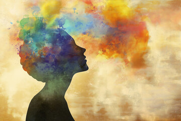 Silhouette of a Woman with Colourful Explosion Above Her Head, Representing Creativity and Thought, Set Against a Soft Abstract Background