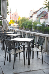 Cozy terrace with tables of cafe in Ljubljana, Slovenia
