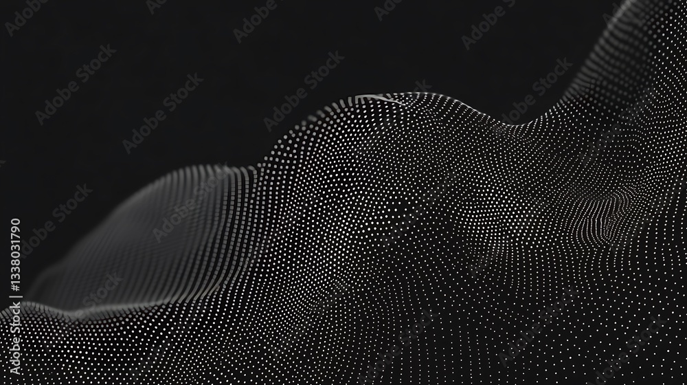 Poster abstract black and white dotted wave background, digital particle flow, modern technology texture