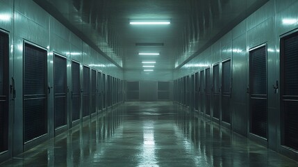 A modern pig farm in confinement mode, featuring rows of clean, well-ventilated pens where pigs are housed in a controlled environment 