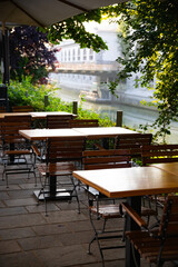 Cozy terrace with tables of cafe in Ljubljana, Slovenia