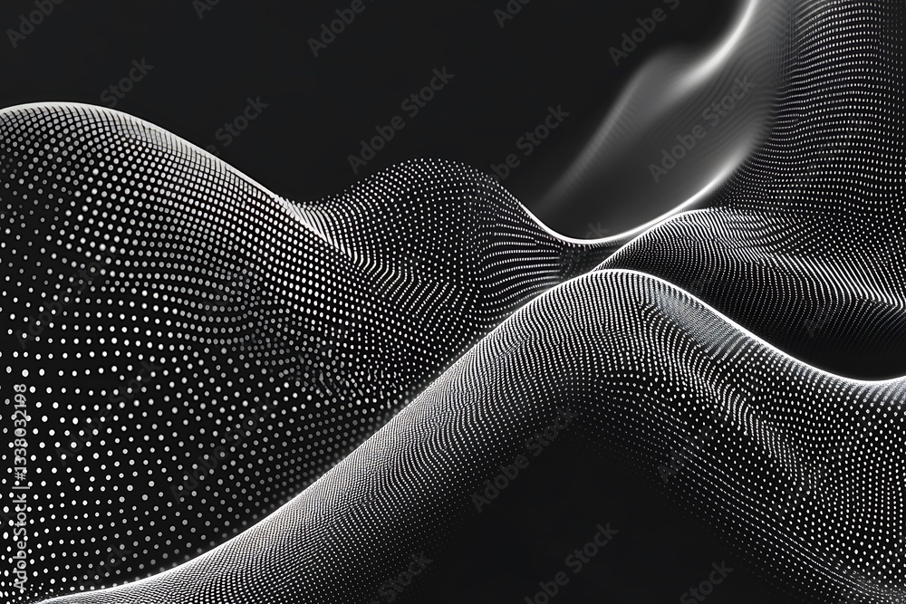 Fototapete abstract black and white digital waveform background image with dotted texture and smooth curves