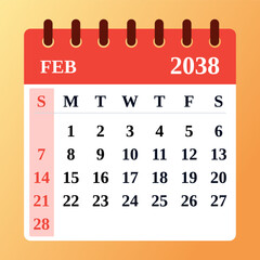 February 2038 Calendar Design. Perfect for planning. Monthly layout with elegant style. Vector illustration