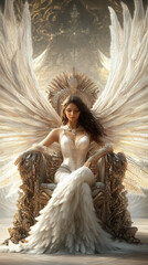 A divine goddess with intricate wings sits serenely on a majestic throne, the scene captured in stunning ultra-realistic detail