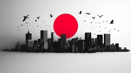 Silhouette cityscape with red sun and birds, minimalist design.