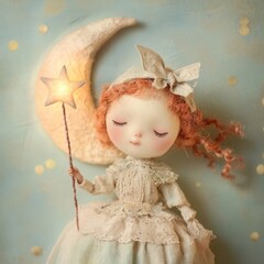 Fototapeta premium Dreamy doll with a sparkling star and moon, creating a whimsical scene