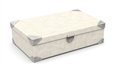 Closed cream velvet box with metal corners on white background, ideal for storage