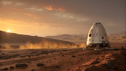 Landing on Mars: A spacecraft gracefully touches down on the red, desolate surface of Mars, illuminated by the fiery glow of the setting sun, with rolling hills and a dusky atmosphere.